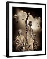 Three Female Statues with Stormy Clouds and Birds-Clive Nolan-Framed Photographic Print