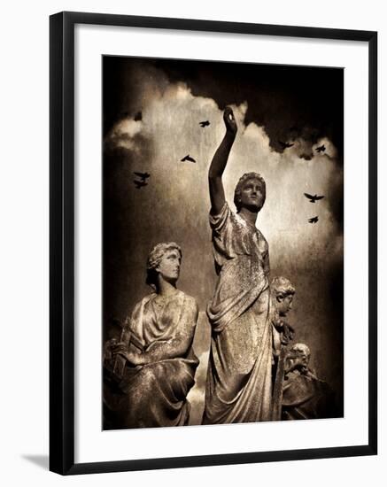 Three Female Statues with Stormy Clouds and Birds-Clive Nolan-Framed Photographic Print