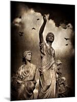 Three Female Statues with Stormy Clouds and Birds-Clive Nolan-Mounted Photographic Print