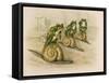 Three Frogs Mounted on Snails Race Each Other-null-Framed Stretched Canvas