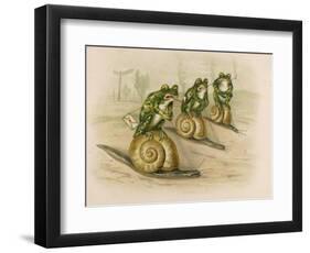 Three Frogs Mounted on Snails Race Each Other-null-Framed Art Print