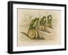 Three Frogs Mounted on Snails Race Each Other-null-Framed Art Print