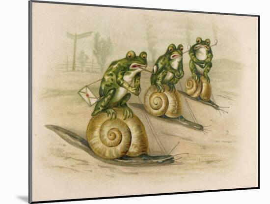 Three Frogs Mounted on Snails Race Each Other-null-Mounted Art Print