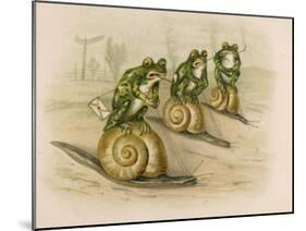 Three Frogs Mounted on Snails Race Each Other-null-Mounted Art Print