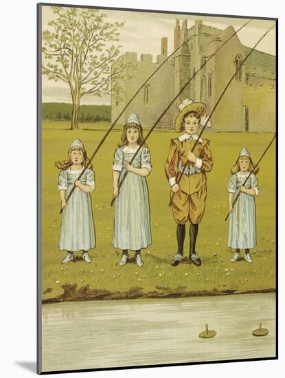 Three Girls and One Boy Fishing. Colour Illustration From 'At Home'-John Sowerby-Mounted Giclee Print