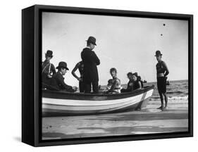 Three Girls Competing in a Swimming Match sit in boat before the meet at Coney Island, Brooklyn, NY-Wallace G^ Levison-Framed Stretched Canvas