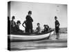 Three Girls Competing in a Swimming Match sit in boat before the meet at Coney Island, Brooklyn, NY-Wallace G^ Levison-Stretched Canvas