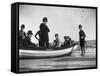 Three Girls Competing in a Swimming Match sit in boat before the meet at Coney Island, Brooklyn, NY-Wallace G^ Levison-Framed Stretched Canvas