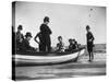 Three Girls Competing in a Swimming Match sit in boat before the meet at Coney Island, Brooklyn, NY-Wallace G^ Levison-Stretched Canvas