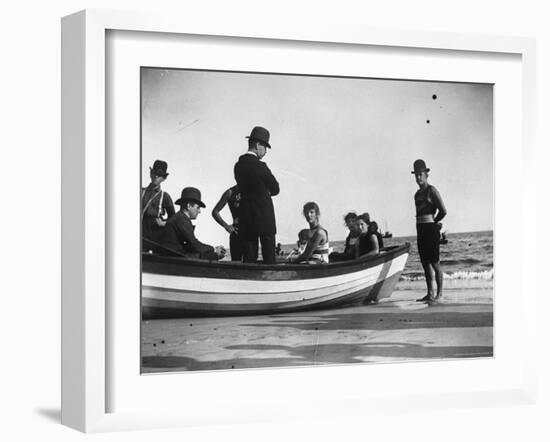 Three Girls Competing in a Swimming Match sit in boat before the meet at Coney Island, Brooklyn, NY-Wallace G^ Levison-Framed Photographic Print