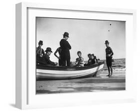 Three Girls Competing in a Swimming Match sit in boat before the meet at Coney Island, Brooklyn, NY-Wallace G^ Levison-Framed Photographic Print