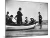 Three Girls Competing in a Swimming Match sit in boat before the meet at Coney Island, Brooklyn, NY-Wallace G^ Levison-Mounted Photographic Print