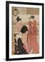 'Three girls on the veranda of a tea-house overlooking Edo Bay at Shinagawa', c1752-1815-Torii Kiyonaga-Framed Giclee Print