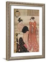 'Three girls on the veranda of a tea-house overlooking Edo Bay at Shinagawa', c1752-1815-Torii Kiyonaga-Framed Giclee Print