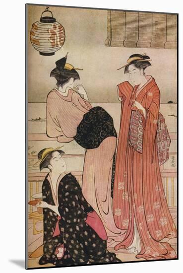 'Three girls on the veranda of a tea-house overlooking Edo Bay at Shinagawa', c1752-1815-Torii Kiyonaga-Mounted Giclee Print