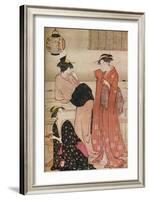 'Three girls on the veranda of a tea-house overlooking Edo Bay at Shinagawa', c1752-1815-Torii Kiyonaga-Framed Giclee Print