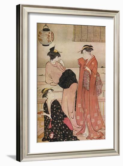 'Three girls on the veranda of a tea-house overlooking Edo Bay at Shinagawa', c1752-1815-Torii Kiyonaga-Framed Giclee Print