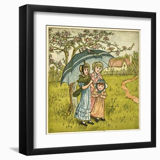 Three Girls under Blue Parasol-Kate Greenaway-Framed Art Print