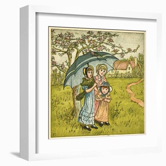 Three Girls under Blue Parasol-Kate Greenaway-Framed Art Print