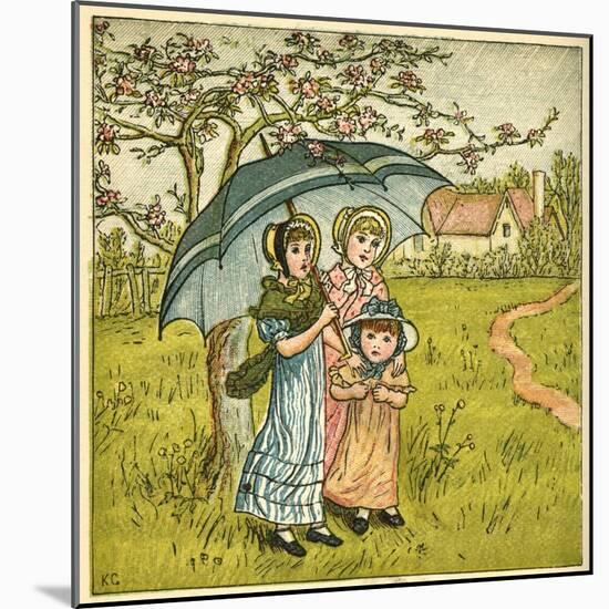 Three Girls under Blue Parasol-Kate Greenaway-Mounted Art Print