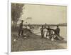 Three Gold Miners Working "Long Tom" On River,-null-Framed Art Print