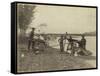 Three Gold Miners Working "Long Tom" On River,-null-Framed Stretched Canvas