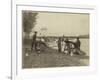 Three Gold Miners Working "Long Tom" On River,-null-Framed Art Print