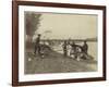 Three Gold Miners Working "Long Tom" On River,-null-Framed Art Print