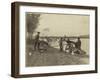 Three Gold Miners Working "Long Tom" On River,-null-Framed Art Print