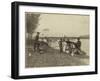 Three Gold Miners Working "Long Tom" On River,-null-Framed Art Print