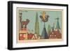 Three Gutter Cats Admire the One Riding on the Back of the Bell Tower Rooster.” Horseback Riding” ,-Benjamin Rabier-Framed Giclee Print