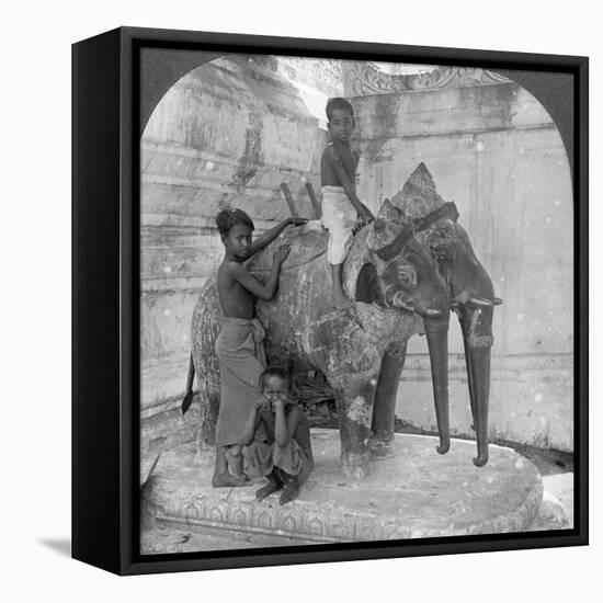 Three Headed Elephant Guarding a Sanctuary, Arakan Pagoda, Mandalay, Burma, 1908-null-Framed Stretched Canvas