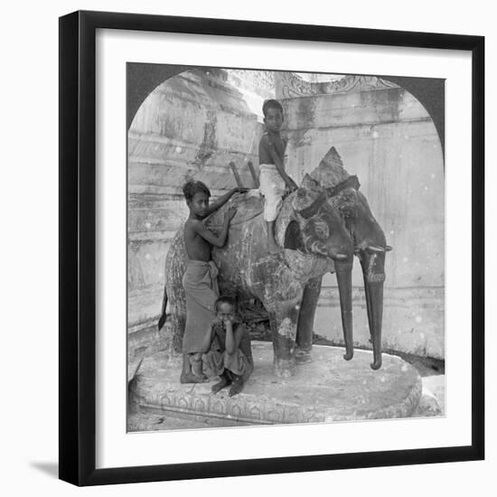 Three Headed Elephant Guarding a Sanctuary, Arakan Pagoda, Mandalay, Burma, 1908-null-Framed Photographic Print