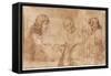 Three Heads and Other Sketches (Verso), 1643-44 (Pen and Brown Ink)-Nicolas Poussin-Framed Stretched Canvas