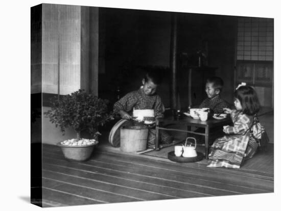 Three Japanese Children Having a Tea Party Photograph - Japan-Lantern Press-Stretched Canvas