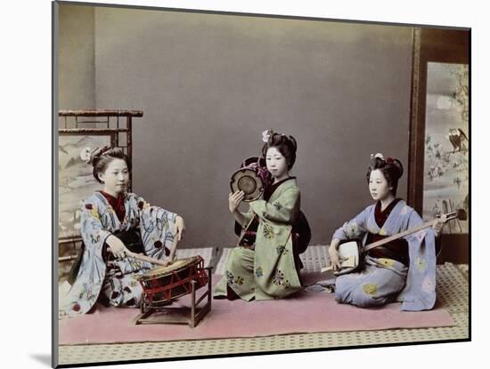 Three Japanese Girls Playing Traditional Japanese Instruments-null-Mounted Giclee Print