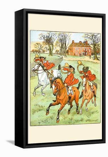 Three Jovial Horsemen Tooting their Hunting Horns-Randolph Caldecott-Framed Stretched Canvas