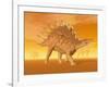 Three Kentrosaurus Dinosaurs in the Desert with Hazy Sunset Light-null-Framed Art Print