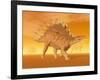 Three Kentrosaurus Dinosaurs in the Desert with Hazy Sunset Light-null-Framed Art Print