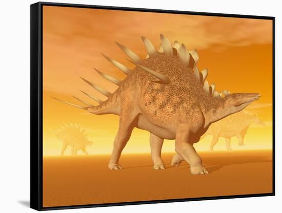 Three Kentrosaurus Dinosaurs in the Desert with Hazy Sunset Light-null-Framed Stretched Canvas
