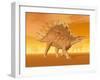 Three Kentrosaurus Dinosaurs in the Desert with Hazy Sunset Light-null-Framed Art Print