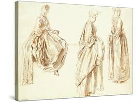 Three Ladies in Profile to the Right, One Seated, C.1713-14-Jean Antoine Watteau-Stretched Canvas