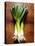 Three Leeks on Wooden Background-null-Stretched Canvas