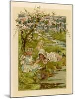 Three Little Girls on the Bank of a Stream, Surrounded by Flowers and Blossom-null-Mounted Art Print