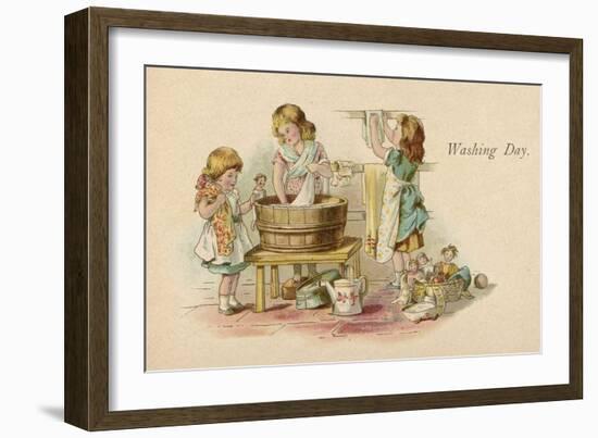 Three Little Girls Wash their Dolls Clothes and Hang Them Out to Dry-null-Framed Art Print