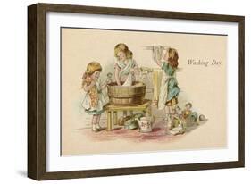 Three Little Girls Wash their Dolls Clothes and Hang Them Out to Dry-null-Framed Art Print