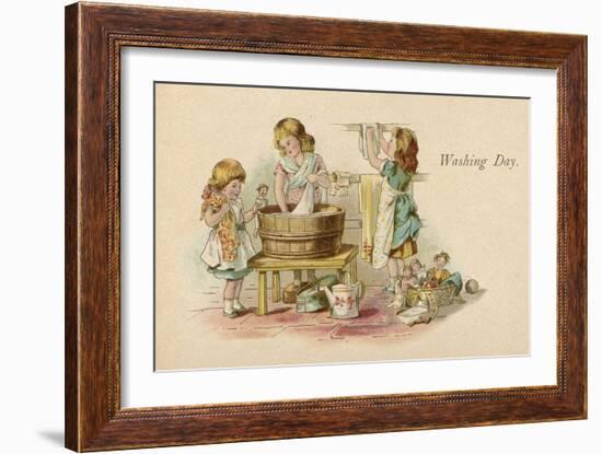 Three Little Girls Wash their Dolls Clothes and Hang Them Out to Dry-null-Framed Art Print