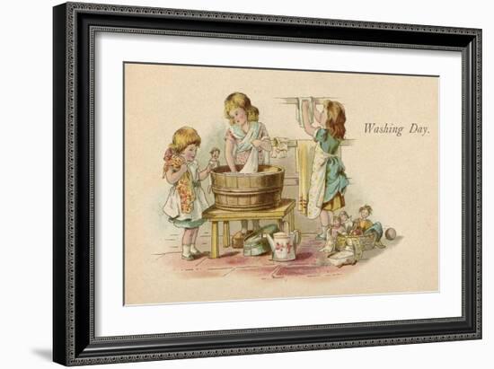 Three Little Girls Wash their Dolls Clothes and Hang Them Out to Dry-null-Framed Art Print