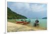 Three long tailed boats on a sandy beach, Thailand-Sergio Pitamitz-Framed Photographic Print