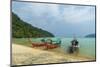 Three long tailed boats on a sandy beach, Thailand-Sergio Pitamitz-Mounted Photographic Print